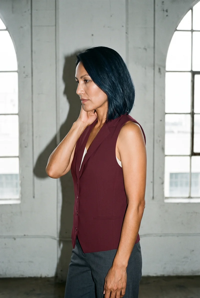 A 42-year-old Indigenous American woman wears a burgundy waistcoat in an upper-body side view, with one hand resting on her neck and a confident expression. Massive loft windows with golden light form the backdrop.