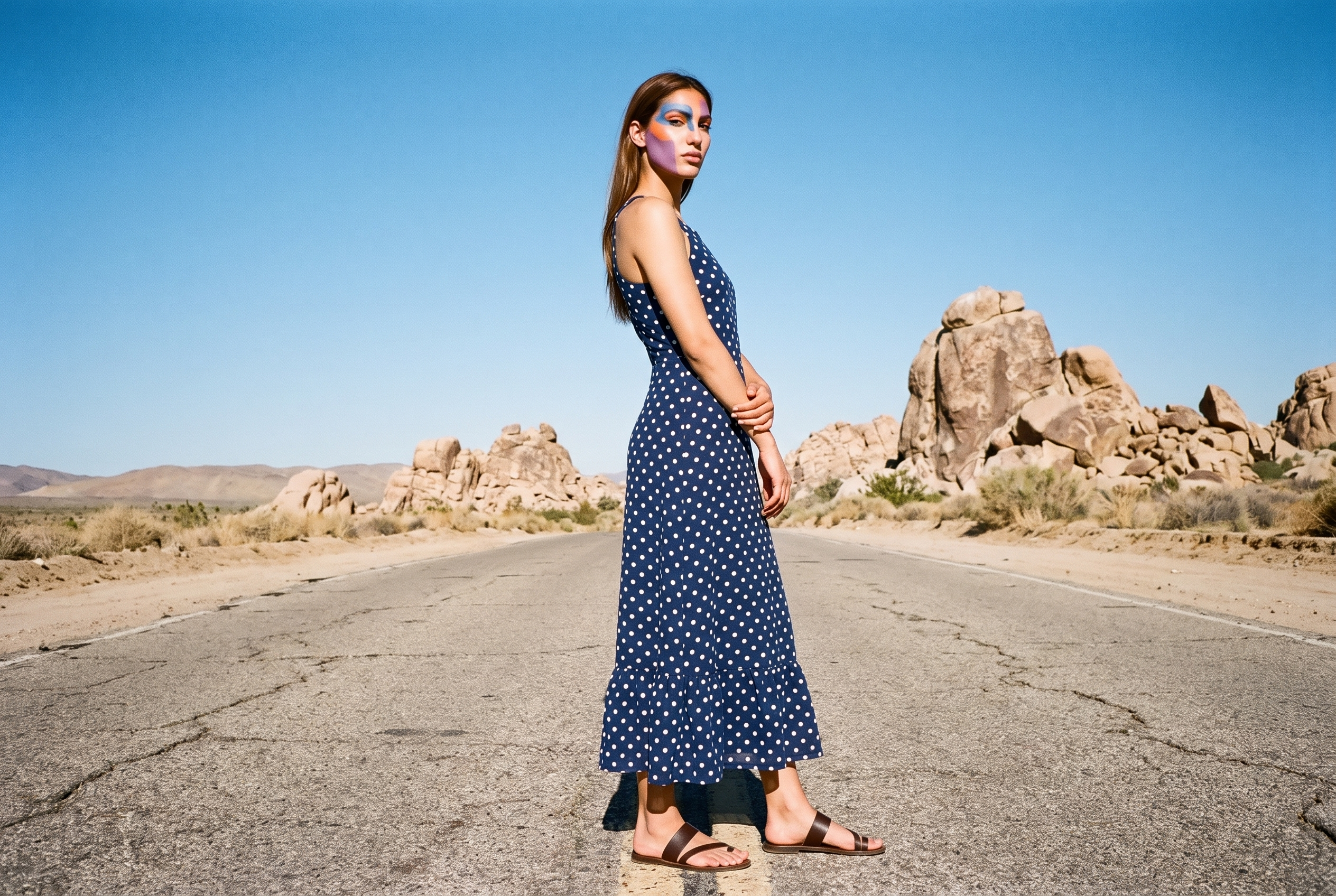 A 22-year-old Arab woman wears a navy polka-dot midi dress in a full-body side view, standing with her arms low and a serious expression. A Monument Valley road serves as the backdrop.