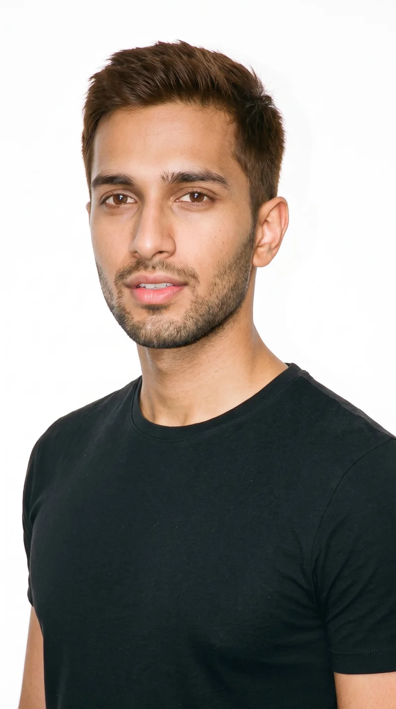 A 22-year-old Indian man with a warm honey skin tone and golden undertone has a long face with more length than width, a tall forehead, and elongated cheeks. His medium-thickness eyebrows frame very dark, near-black eyes, and his lips are medium in fullness. He has brown hair in a short, tapered crew cut that is slightly longer on top than at the sides, with dense heavy stubble forming a dark, defined layer across the beard area.