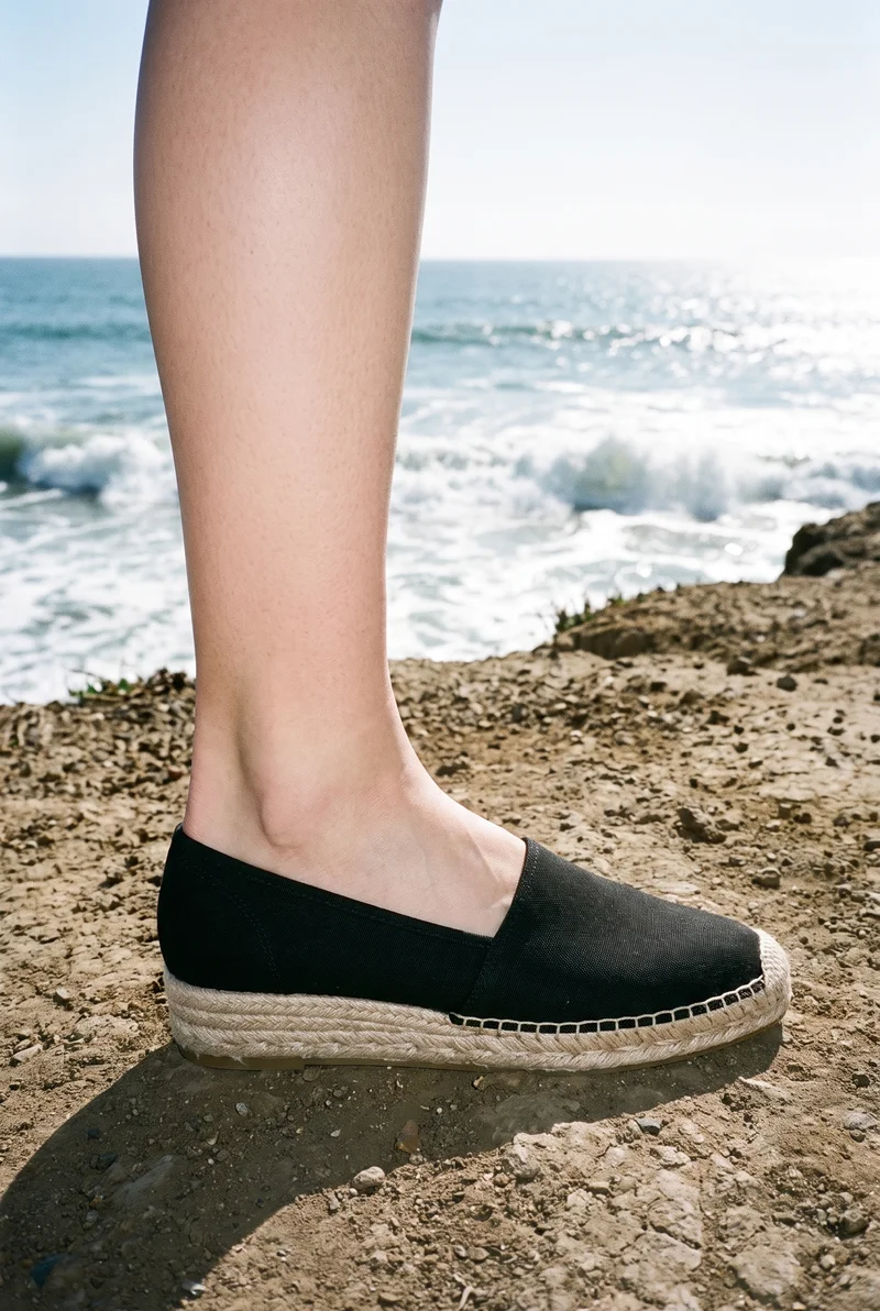 Women's Black Espadrilles, Ankle at Side, Flash Editorial lighting