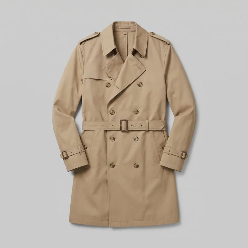 A khaki men's trench coat is shown laid flat in a mostly complete front view. It has a double-breasted button closure, pointed spread collar with lapels, structured shoulders with buttoned epaulettes, chest storm flaps, a buckled waist belt threaded through belt loops, angled lower welt pockets, long sleeves with buckled cuff straps, and a straight hem.