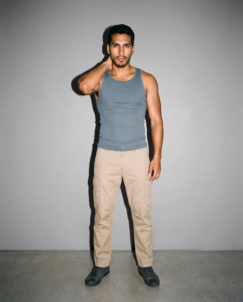 Men's Khaki Hiking Trousers, Environmental at Front, Flash Editorial lighting