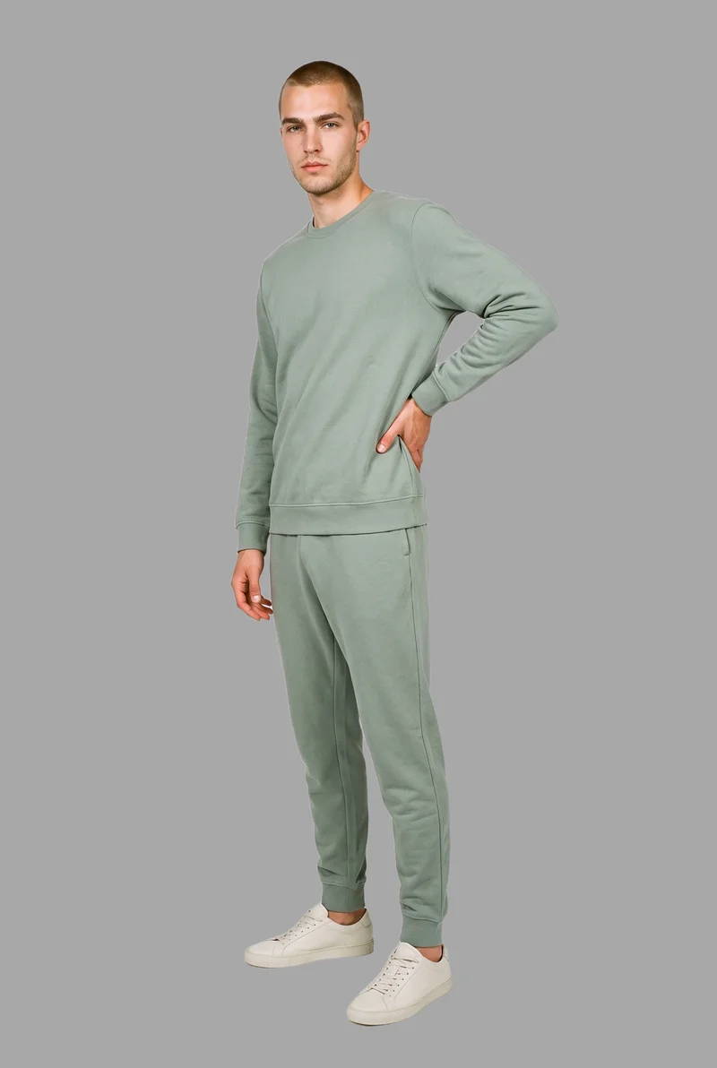 Men's Sage Green Loungewear Set, Full body at Three-quarter, Studio Cutout lighting