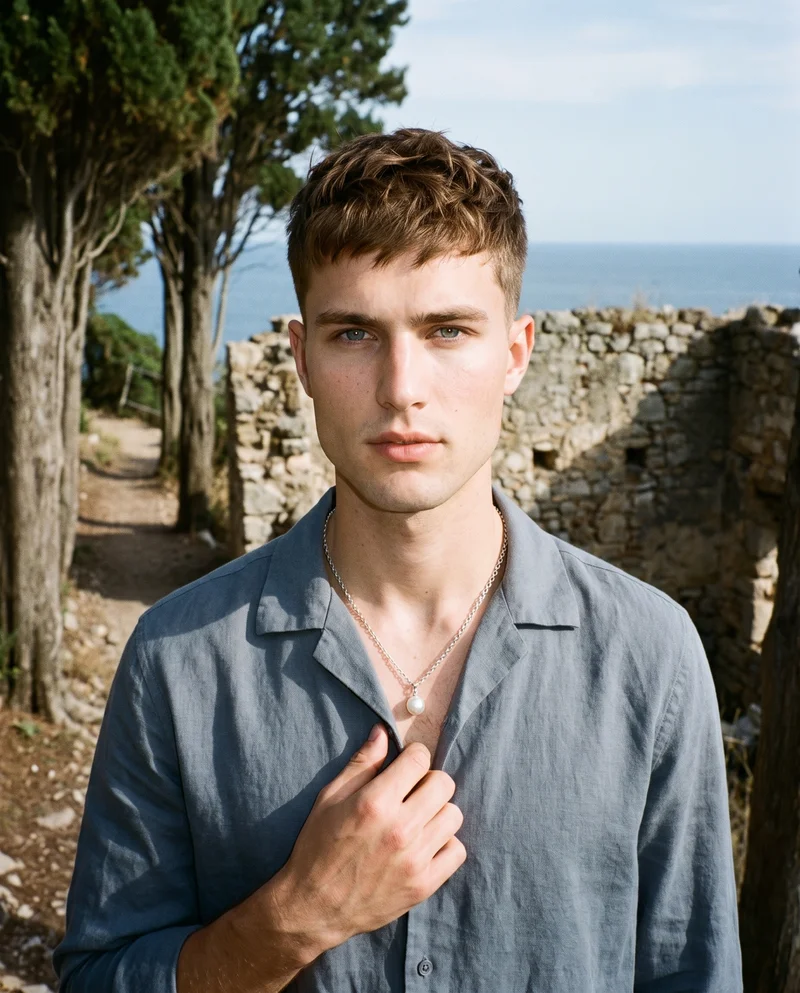 A 22-year-old Caucasian man is shown from the front in an upper-body view, wearing a pearl pendant with his fingers held at his chest. He has a neutral facial expression, with a coastal trail cypress ruins backdrop behind him.