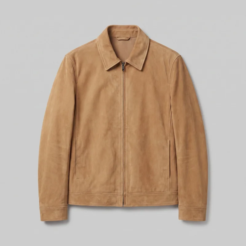 A tan suede men's jacket is shown alone in a mostly complete front view against an unspecified backdrop. It has a flat point collar, center zipper closure with a visible pull, narrow stitched plackets, vertical front panel seams, curved shoulder yoke seams, full-length sleeves, stitched cuffs, and a straight waist-length hem with a stitched bottom band. No pockets, logos, or embellishments are visible.