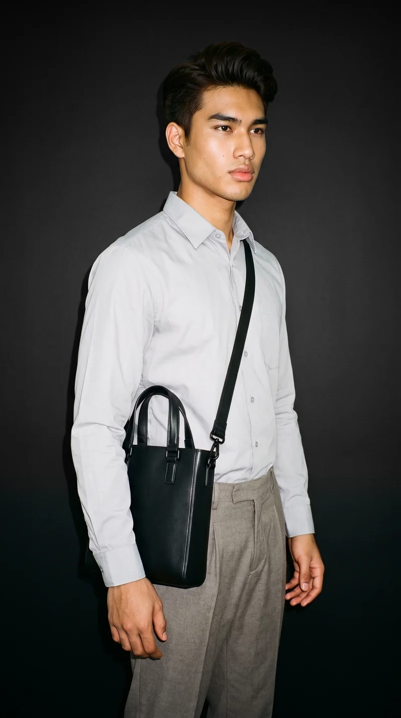 An 18-year-old Southeast Asian male model wears a black leather crossbody bag, shown from a front three-quarter angle in a three-quarter-length frame. His expression is soft, and a graphite-black studio-wall backdrop fills the background.