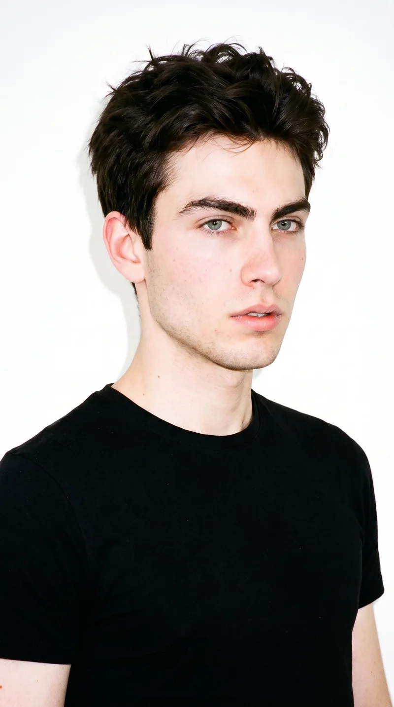 This 20-year-old Slavic man has very pale skin with a neutral undertone and a diamond-shaped face, with a narrow forehead and jaw and cheekbones forming the widest part of his face. He has thick eyebrows, cool clear grey eyes, and medium-sized lips. His dark-brown hair is loosely styled with deliberately undone texture and natural movement. He is clean-shaven, with smooth skin across the whole face.