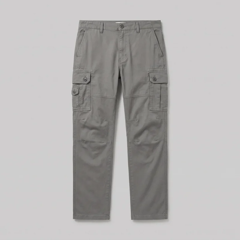 Men's grey cargo pants shown in a full front flat view. The pants have a mid-rise waistband with belt loops, a front fly with one visible waistband button, slanted hand pockets, large flap cargo pockets with button closures on both thighs, an additional smaller thigh pocket, knee-level panel seams, tonal topstitching, and full-length straight hems.