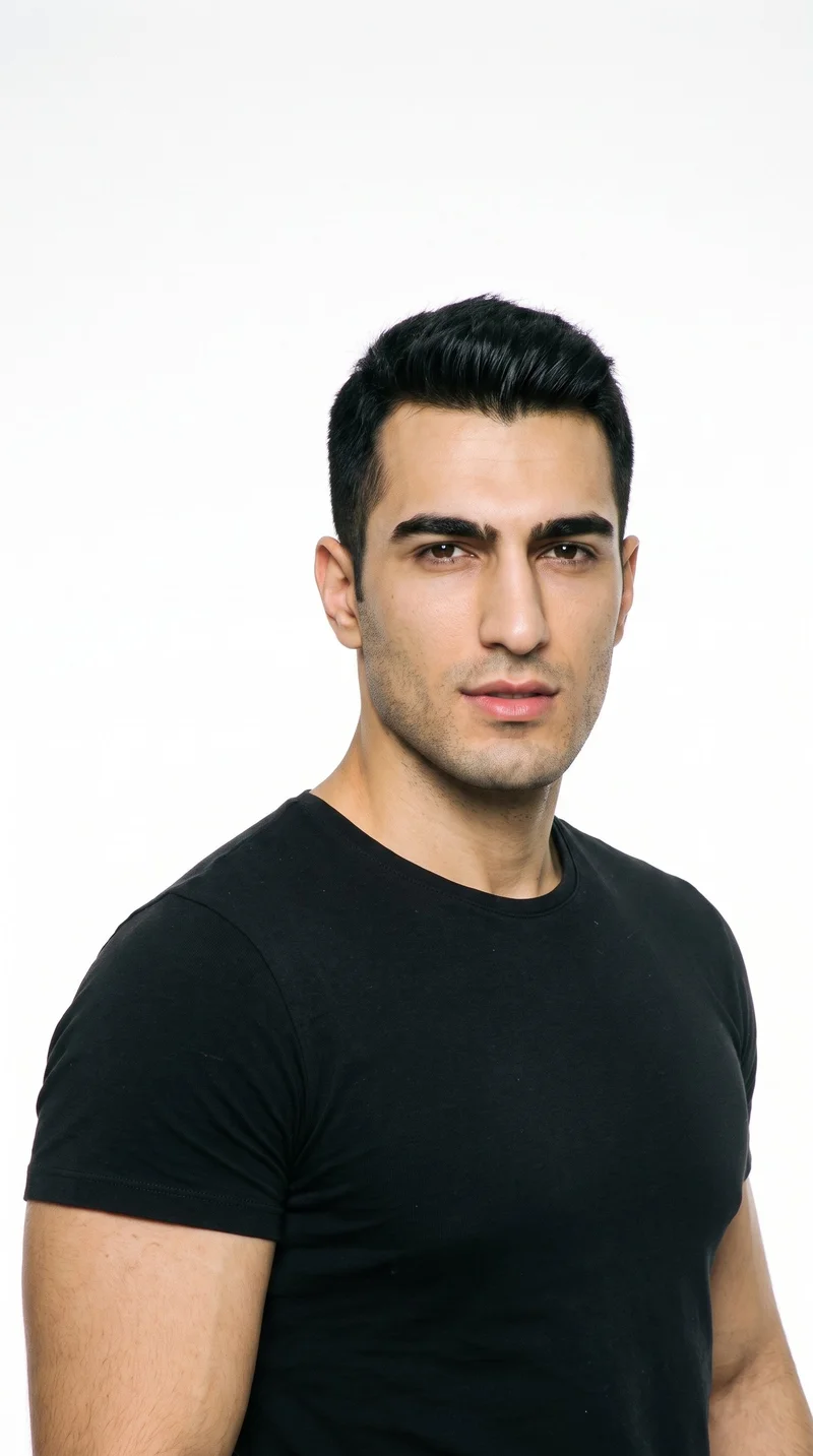 A 25-year-old Turkish man with medium olive skin and a greenish-golden undertone. His Roman face has strong classical features, a prominent nose line, and a defined jaw. He has medium-thickness eyebrows, very dark near-black eyes, and medium lips. His deep black hair is styled in a short crew cut, tapered with slightly more length on top than at the sides. Very short facial-hair growth creates a faint, even shadow across the beard area.
