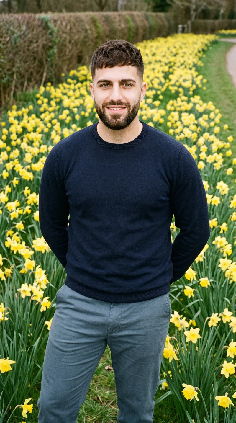 A 22-year-old Caucasian man wears a men's navy merino knit, shown from the front in a three-quarter-length frame with his hands behind his back and a smile. A daffodil field forms the backdrop.