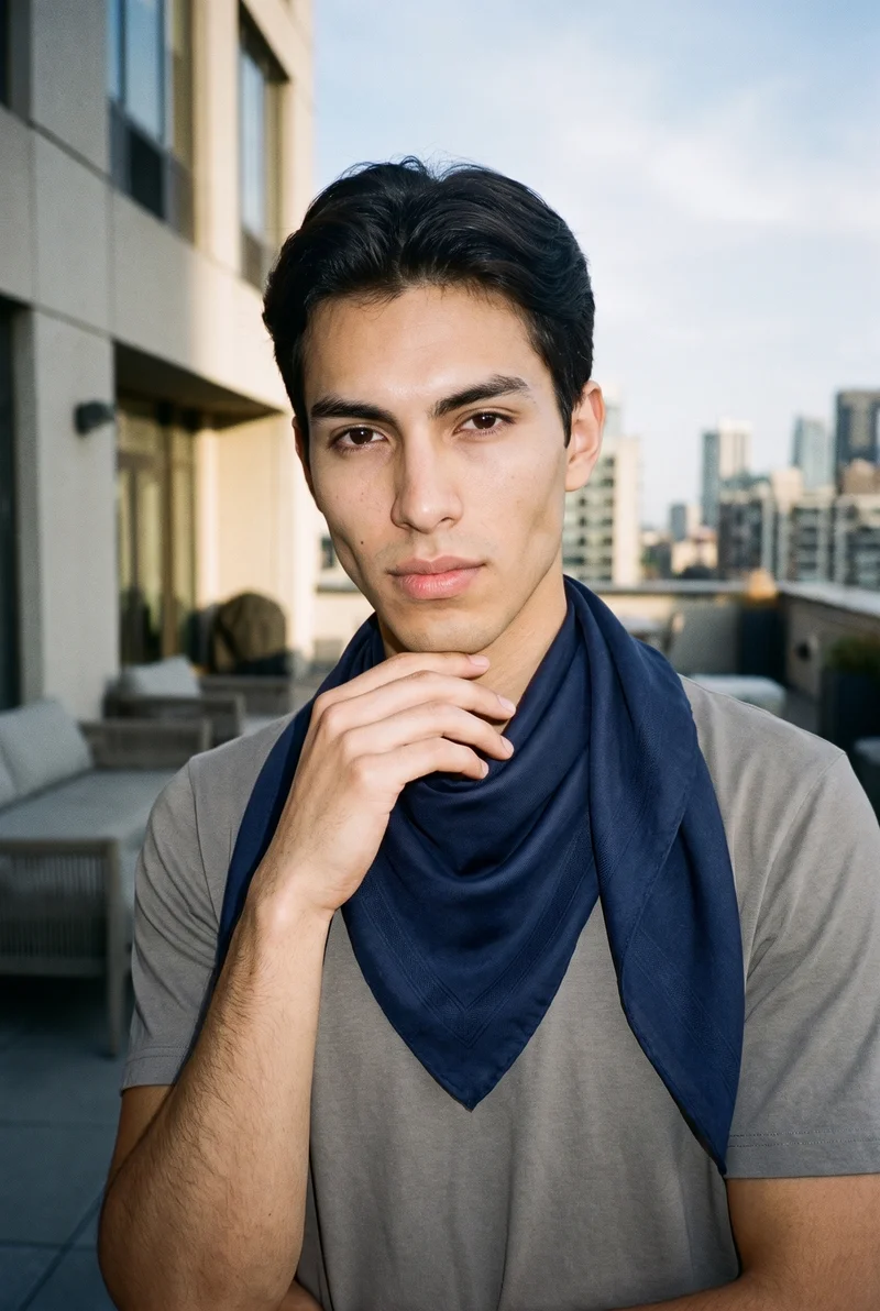 Men's Navy Silk Scarf, Bust at Front, Flash Editorial lighting