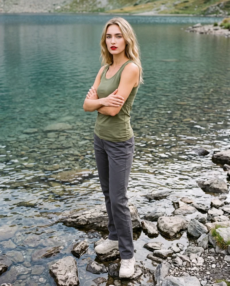 Women's Olive Cotton Tank Top, Full body at Three-quarter, Natural E-Commerce lighting