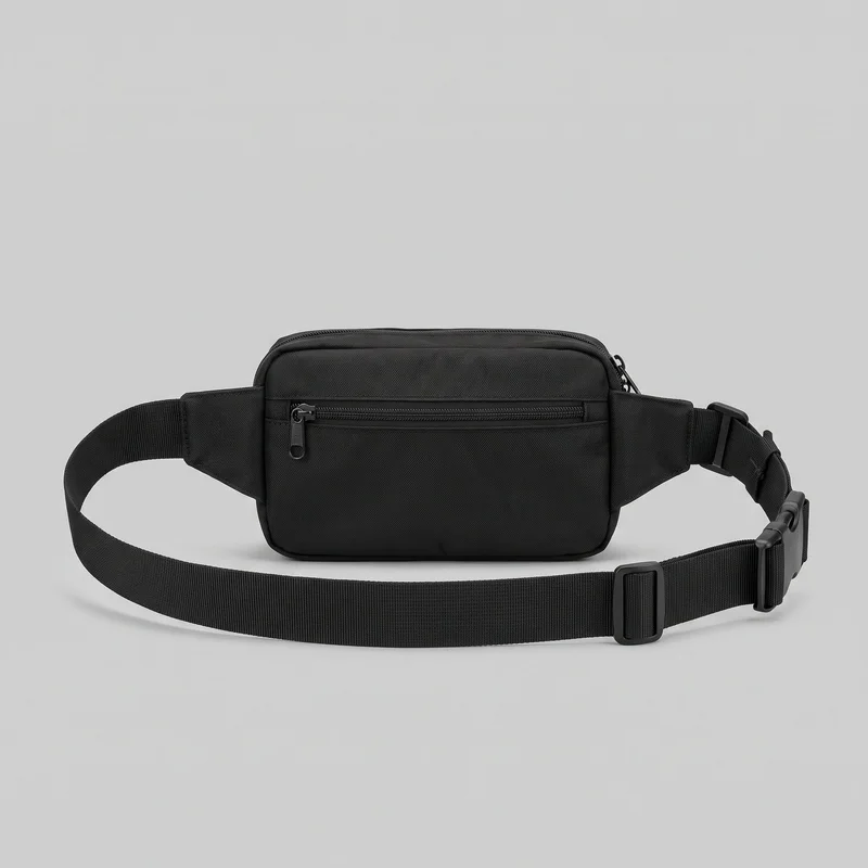 A black belt bag is shown alone in a front view, with its rectangular pouch centered and the adjustable strap extended around it. The pouch has softly rounded corners, a flat front panel, a horizontal front zip pocket, and a main zipper along the rounded top edge. Sliding strap adjusters, side-release buckle hardware, and side attachments are visible; no logos, prints, patches, embroidery, or embellishments are shown.