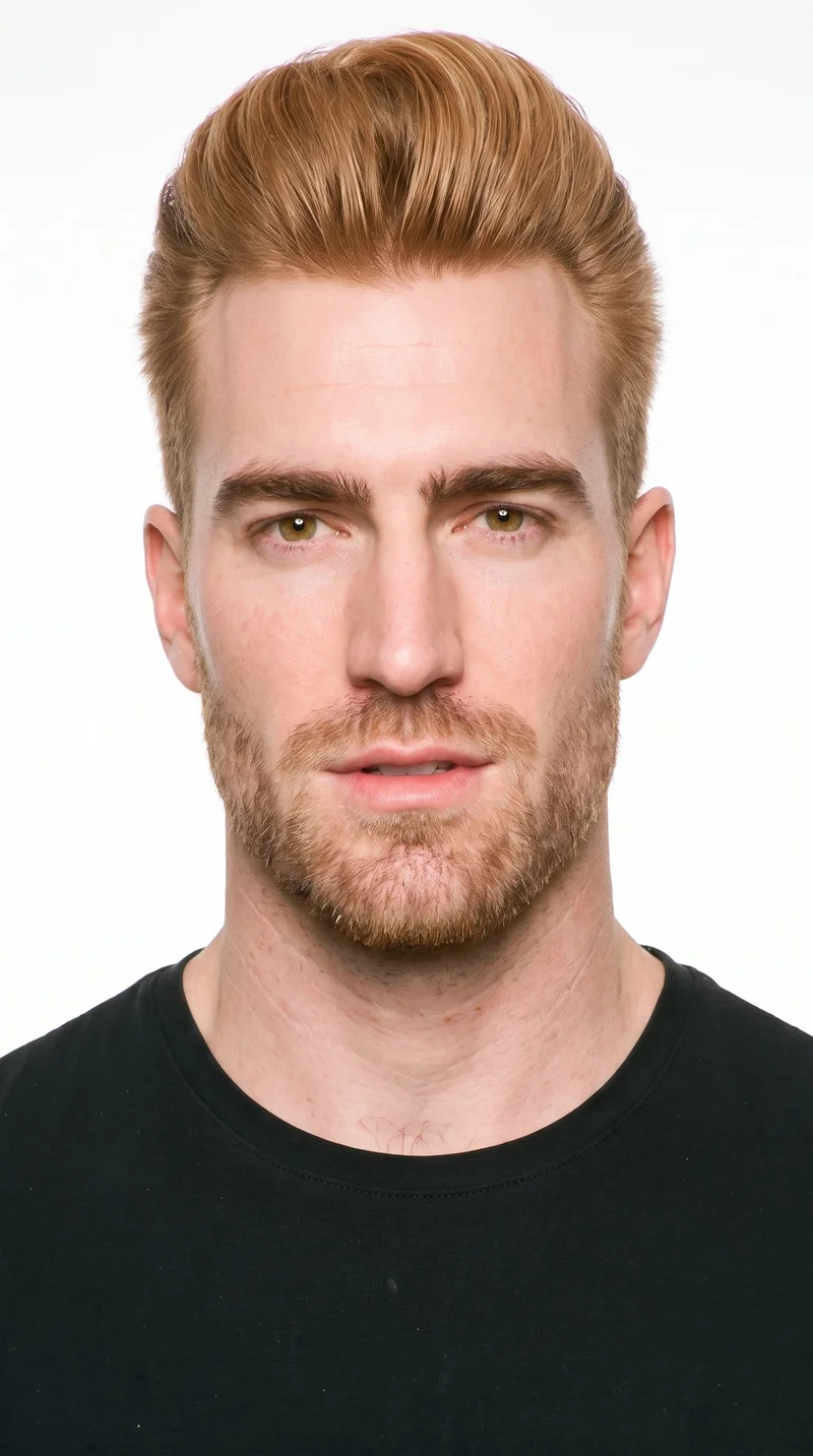 This 35-year-old Caucasian man has fair skin with a cool undertone and a Roman face shape marked by a prominent nose line and defined jaw. He has thin eyebrows, amber eyes, and thin lips. His strawberry-blonde hair is styled in a pompadour, swept upward and back with pronounced volume above the forehead. Short, even three-day beard growth covers his face with a closely groomed texture.
