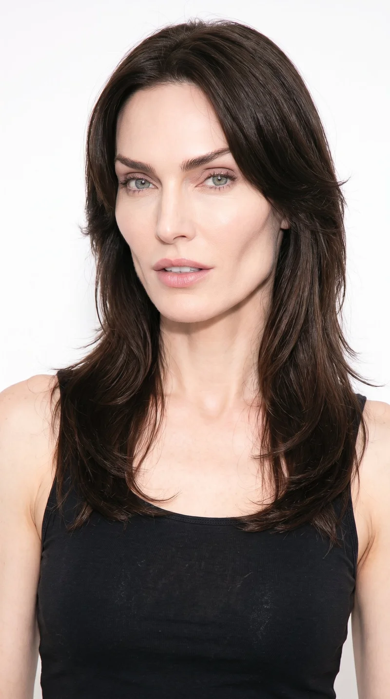 This 45-year-old Caucasian woman has porcelain skin with a neutral undertone and an angular face defined by sharp cheekbones and jawline. Her thin eyebrows frame cool, clear grey eyes, and she has full lips. Her dark-brown hair is styled in a layered butterfly cut with shorter face-framing pieces and added volume.