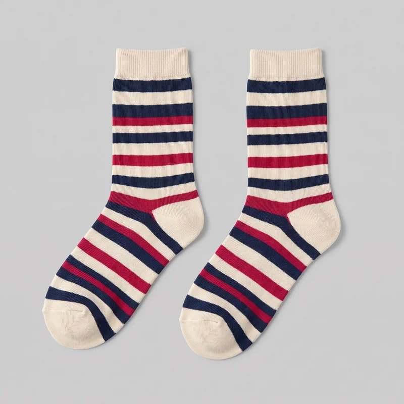 A matching pair of striped crew socks is laid flat, showing the full leg, heel, and rounded toe shapes. The socks feature horizontal bands in varying widths across the leg and foot, with ribbed cuffs and smoother knit through the rest of the socks.
