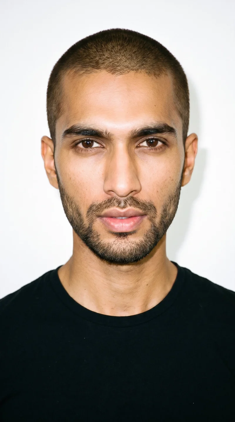A 34-year-old Indian man with a warm honey skin tone and olive-green undertone. His oval face has balanced proportions and a softly rounded jaw, with thick eyebrows, very dark near-black eyes, and full lips. His brown hair is clipped very short in an even buzz cut, and he has a short, structured beard with defined edges along the cheeks and jaw.