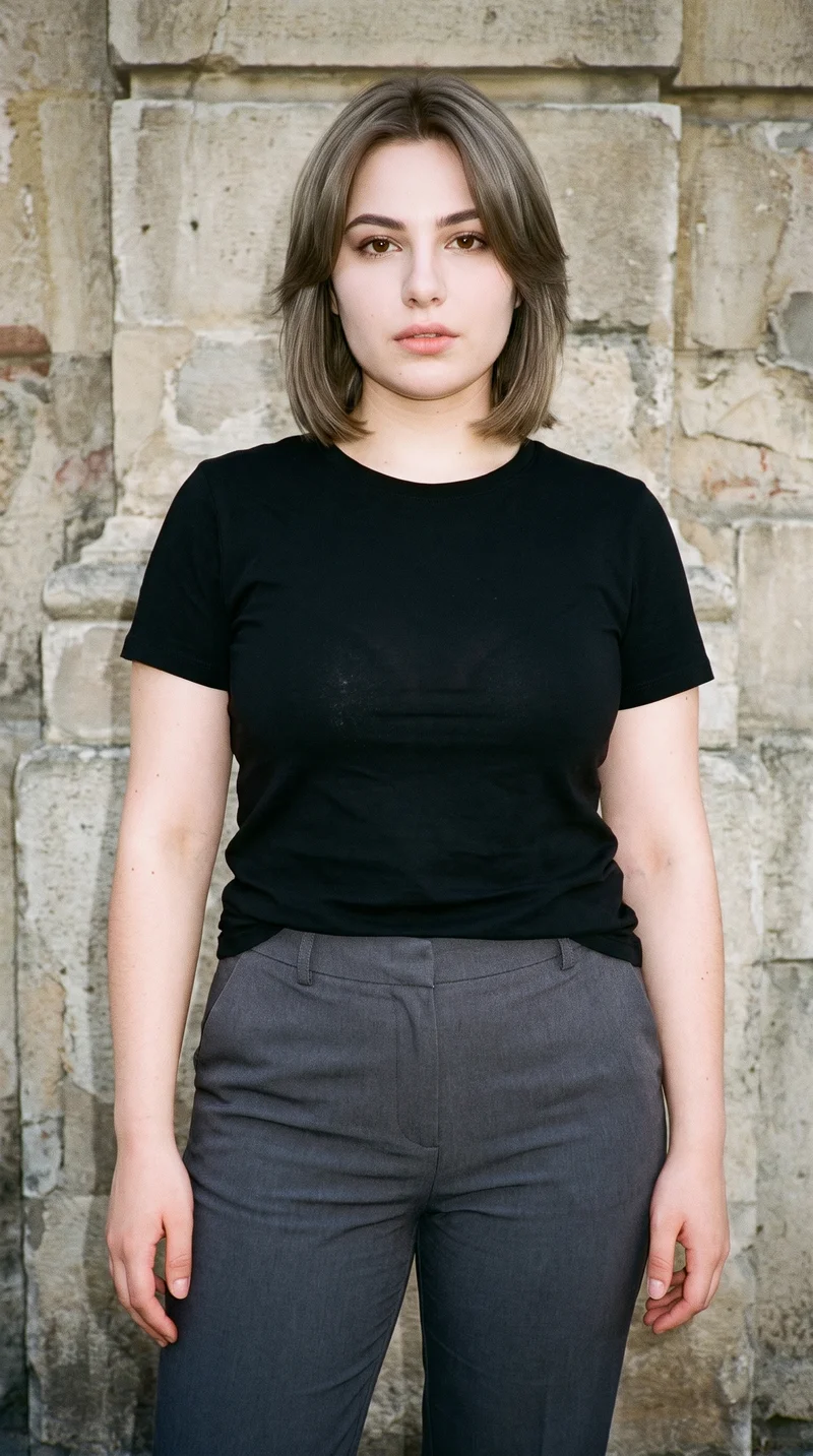 A 25-year-old Slavic woman is shown from the upper body in a black T-shirt, facing forward with her arms relaxed and a serious expression. A town square forms the backdrop.
