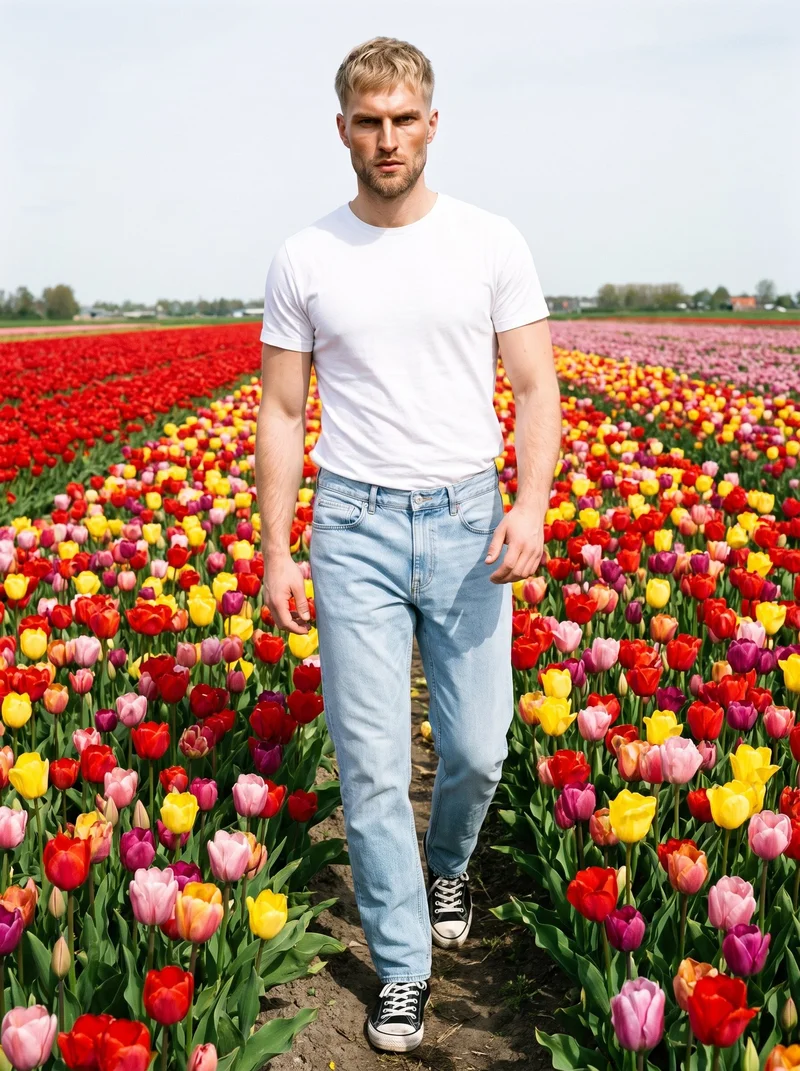 A 23-year-old Caucasian male model is shown full body from the front while walking in men's light wash straight jeans, with a confident expression. A tulip field forms the backdrop.