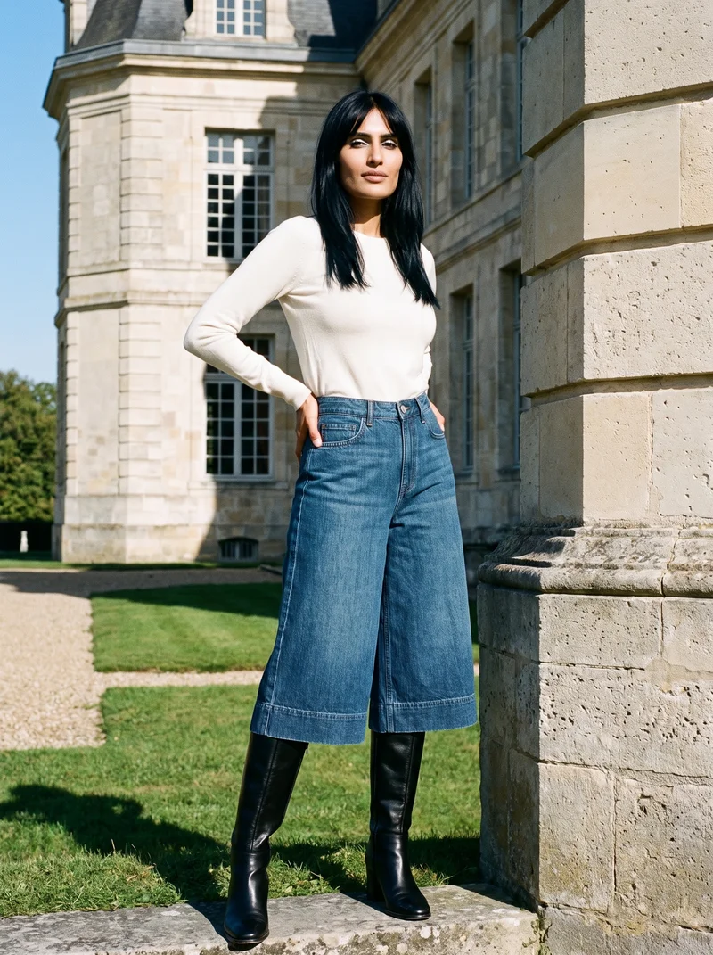 A 37-year-old Indian woman wears wide-leg denim culottes in an environmental composition viewed from the front three-quarter angle. She stands in a wide stance with a confident expression, with a French chateau backdrop.