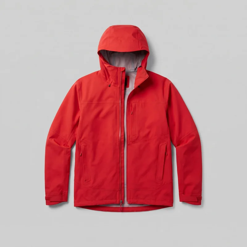 A men's red hardshell jacket is shown alone in a mostly complete, front-facing view. The hood is raised, the high stand collar is visible, and the full-length front zipper is partly open. Horizontal chest panels, angled and vertical seam lines, an upper chest zip pocket, lower zippered hand pockets, and adjustable cuff tabs are visible.