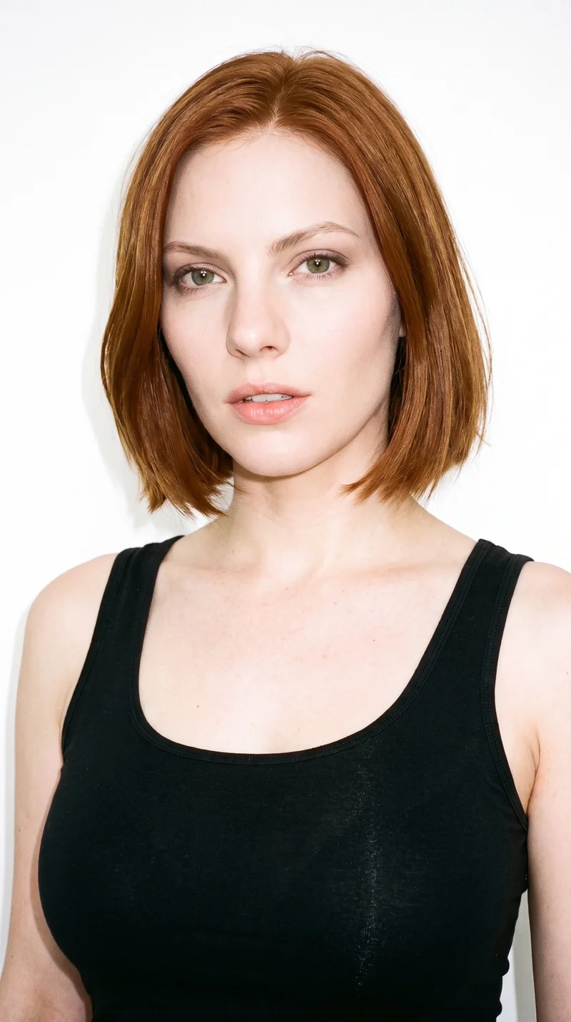 This 26-year-old Caucasian woman has fair skin with a warm peach undertone. Her heart-shaped face has a wider forehead that narrows to a more pointed chin. She has thin eyebrows, green eyes, and full lips. Her vivid red hair is cut in an even, clean bob reaching from the jaw to the chin.