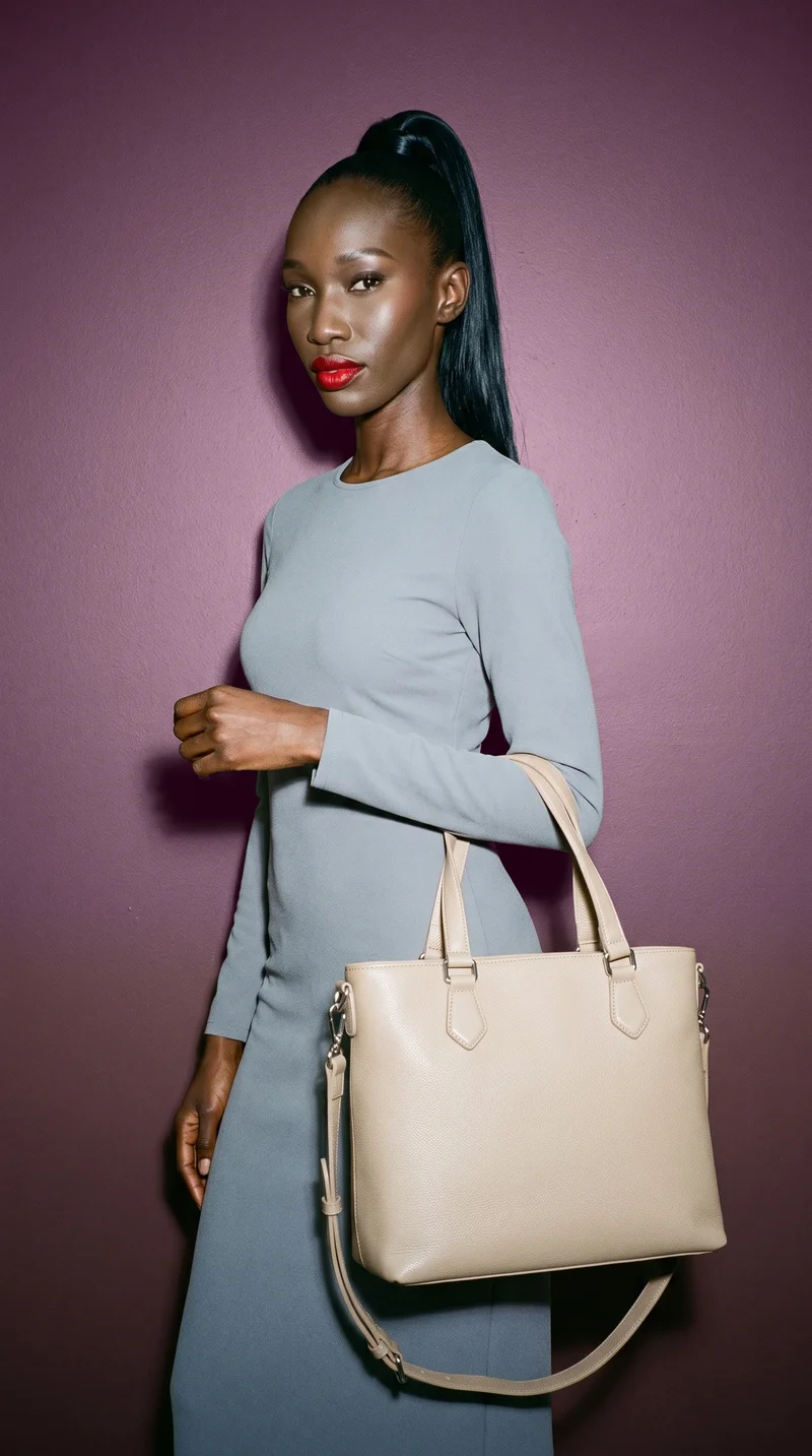 A beige shoulder bag is shown on the arm of a 29-year-old African woman in a three-quarter-length composition viewed from the front at a three-quarter angle. Her expression is neutral, and an eggplant studio-wall backdrop fills the background.