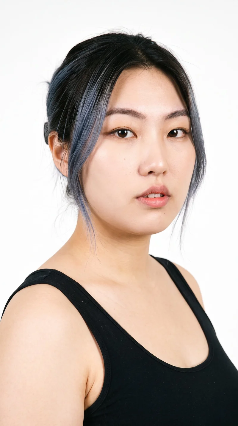 This 21-year-old Chinese woman has East Asian facial features, porcelain skin with a warm yellow undertone, and an oval face with balanced proportions and a softly rounded jaw. Her eyebrows are thin, and her eyes are very dark, near-black. She has medium lips and black hair twisted up and secured with a claw clip, with relaxed ends.