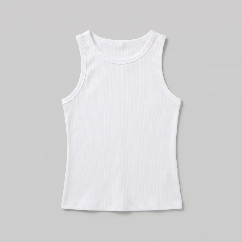 A complete white ribbed tank top is shown in a flat-lay front view. It has a slim, straight full-length cut, rounded scoop neckline, broad shoulder straps, deep curved armholes with doubled binding, vertical ribbing throughout, and a straight bottom hem. No closures, pockets, logos, prints, patches, embroidery, or embellishments are visible.
