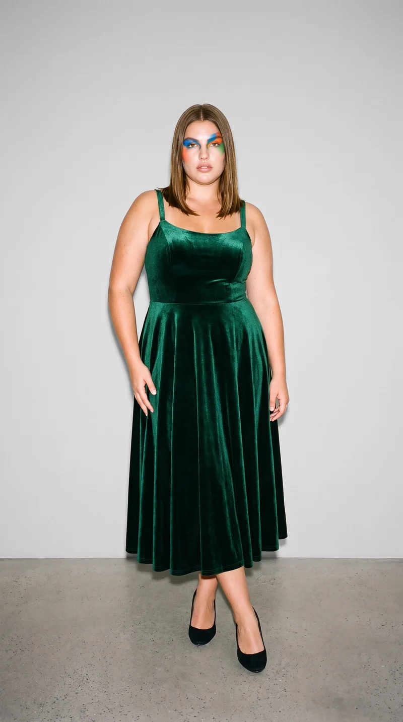 Emerald Velvet Evening Gown, Environmental at Front, Clean Catalog lighting