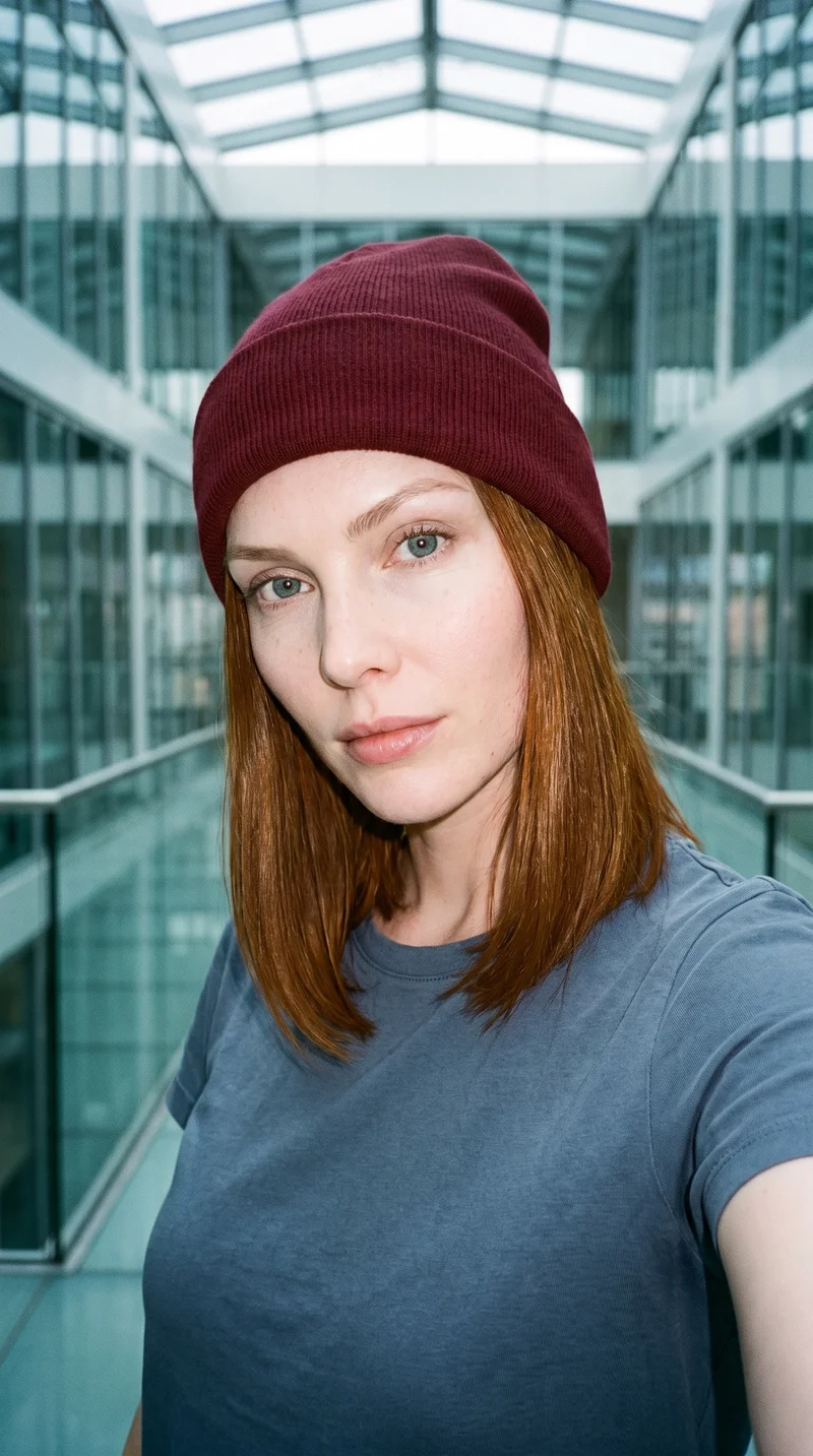 A 28-year-old Caucasian woman wears a burgundy beanie in a front-view selfie. Her head is tilted and her expression is intense, with a skyscraper glass atrium serving as the backdrop.