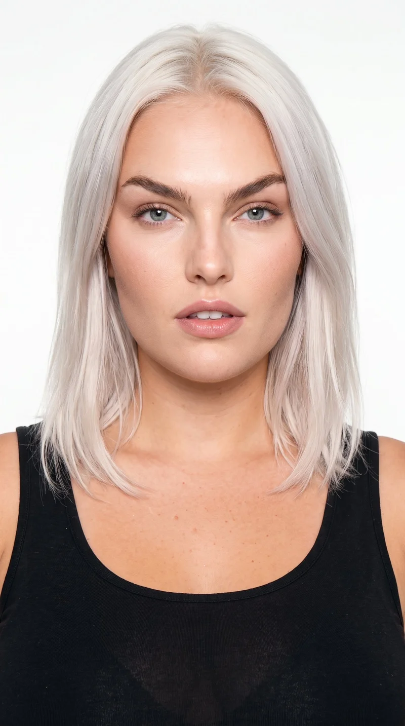 This 23-year-old Caucasian woman has lightly tanned fair skin with a peach undertone. Her diamond-shaped face has a narrow forehead and jaw and is widest at the cheekbones. She has medium-thickness eyebrows, blue eyes with a cool undertone, and thin lips. Her very light, near-white blonde hair is styled in a long bob that falls between the chin and shoulders. No facial hair is recorded.