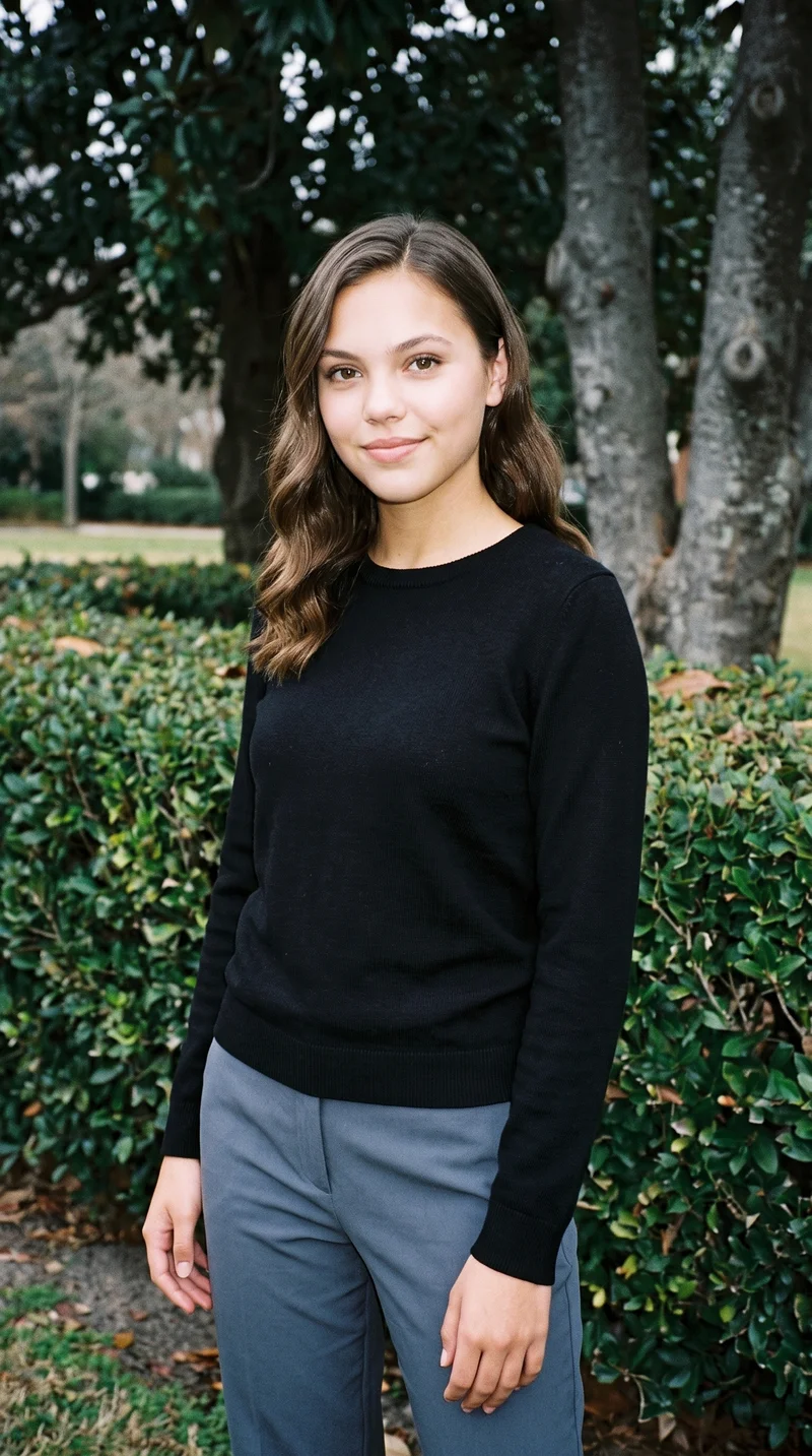 An 18-year-old Caucasian woman wears a black pullover jumper, shown from a front three-quarter angle in a three-quarter-length frame. She is smiling with her weight positioned back. A magnolia tree park forms the backdrop.