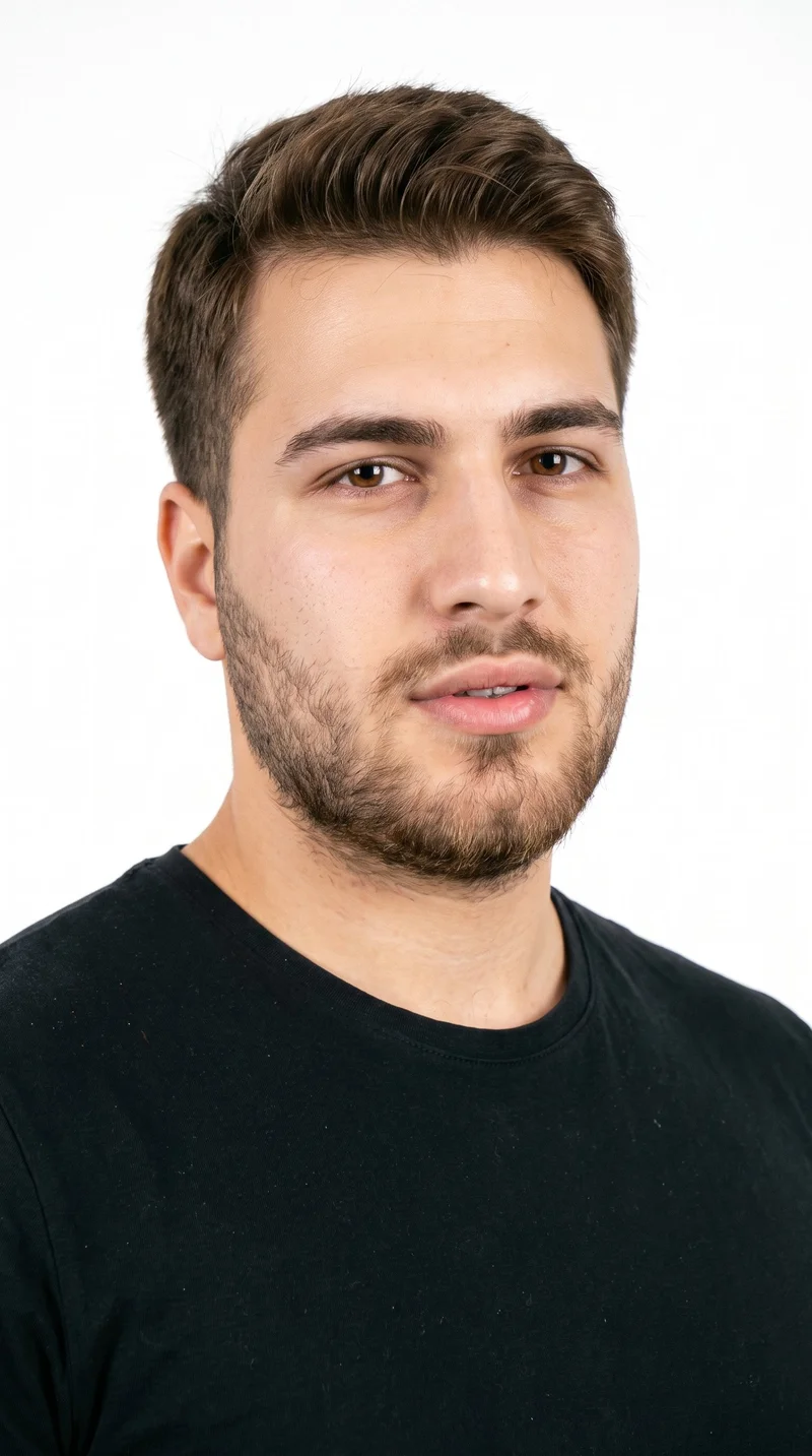 A 20-year-old Turkish man with medium olive skin and a greenish-golden undertone. His square face has a broad forehead and a strong, defined jaw, with thick eyebrows, brown eyes, and full lips. His neutral brown hair is cut in a taper, gradually shortening at the sides and neckline while retaining length on top. Short, even three-day beard growth covers his face with a clearly visible, closely groomed texture.