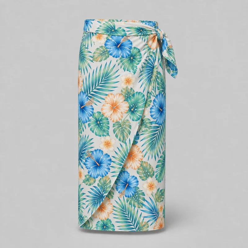 A men's waist-wrapped sarong is shown as a standalone garment, with a folded top edge, overlapping front panel, diagonal front edge, and side knot with a hanging tie end. The straight, narrow column silhouette falls to a straight lower hem, and the fabric features an all-over tropical print of hibiscus-style flowers with palm and monstera leaves in varied orientations.