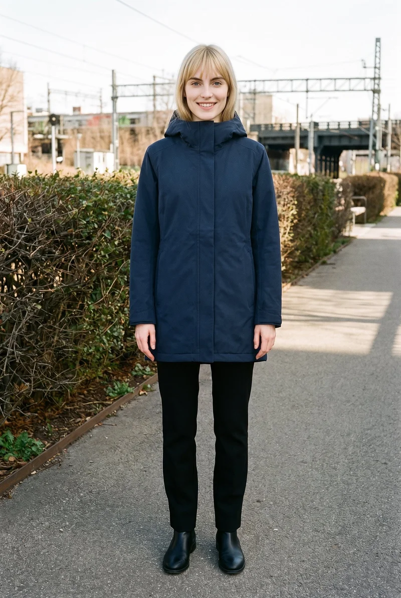A 21-year-old Slavic woman stands straight in a full-body front view wearing a women's navy waterproof parka. Her natural facial expression is visible against an elevated park railway backdrop.