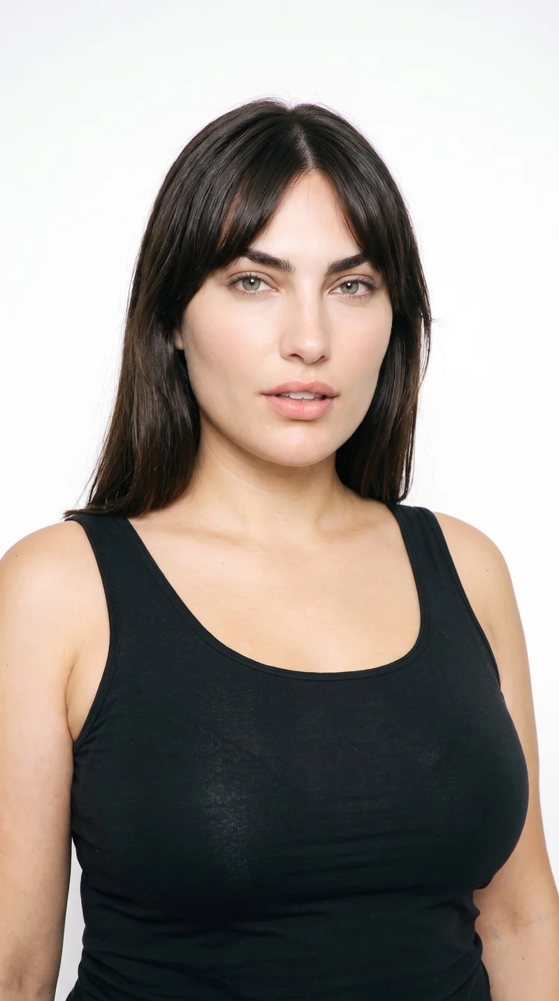 A 33-year-old Caucasian woman with medium olive skin and a peach undertone. Her diamond-shaped face has a narrow forehead and jaw, with the greatest width at the cheekbones. She has thin eyebrows, full lips, and cool, clear grey eyes. Her dark-brown hair is styled with longer bangs parted in the center and framing both sides of her face.