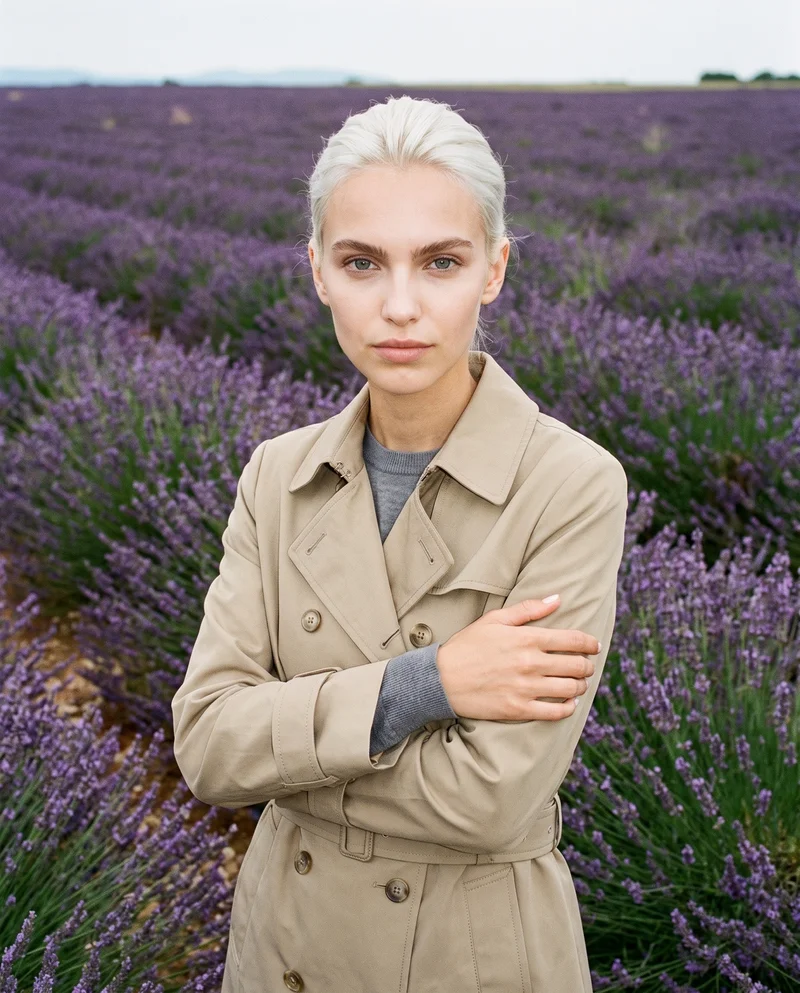 A 22-year-old Caucasian woman wears a women's khaki belted trench coat in an upper-body view from a front three-quarter angle. She holds herself in a self-hug pose with a neutral expression, against a lavender field backdrop.