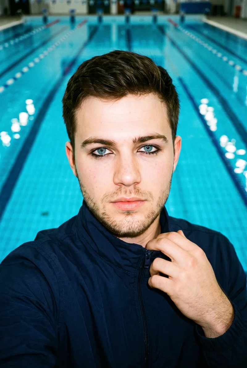 A 19-year-old Caucasian man wears a men's navy windbreaker in a front-view, over-the-shoulder selfie with a serious expression. An Olympic swimming pool serves as the backdrop.