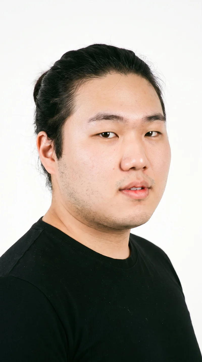 An 18-year-old Korean man with fair skin and a warm yellow undertone has a round face with soft, full contours and few angles. His eyebrows are thin, and his eyes are brown. He has full lips and fine, closely trimmed stubble lightly covering the beard area. His black hair is gathered into a knot at the back, with the sides drawn up.