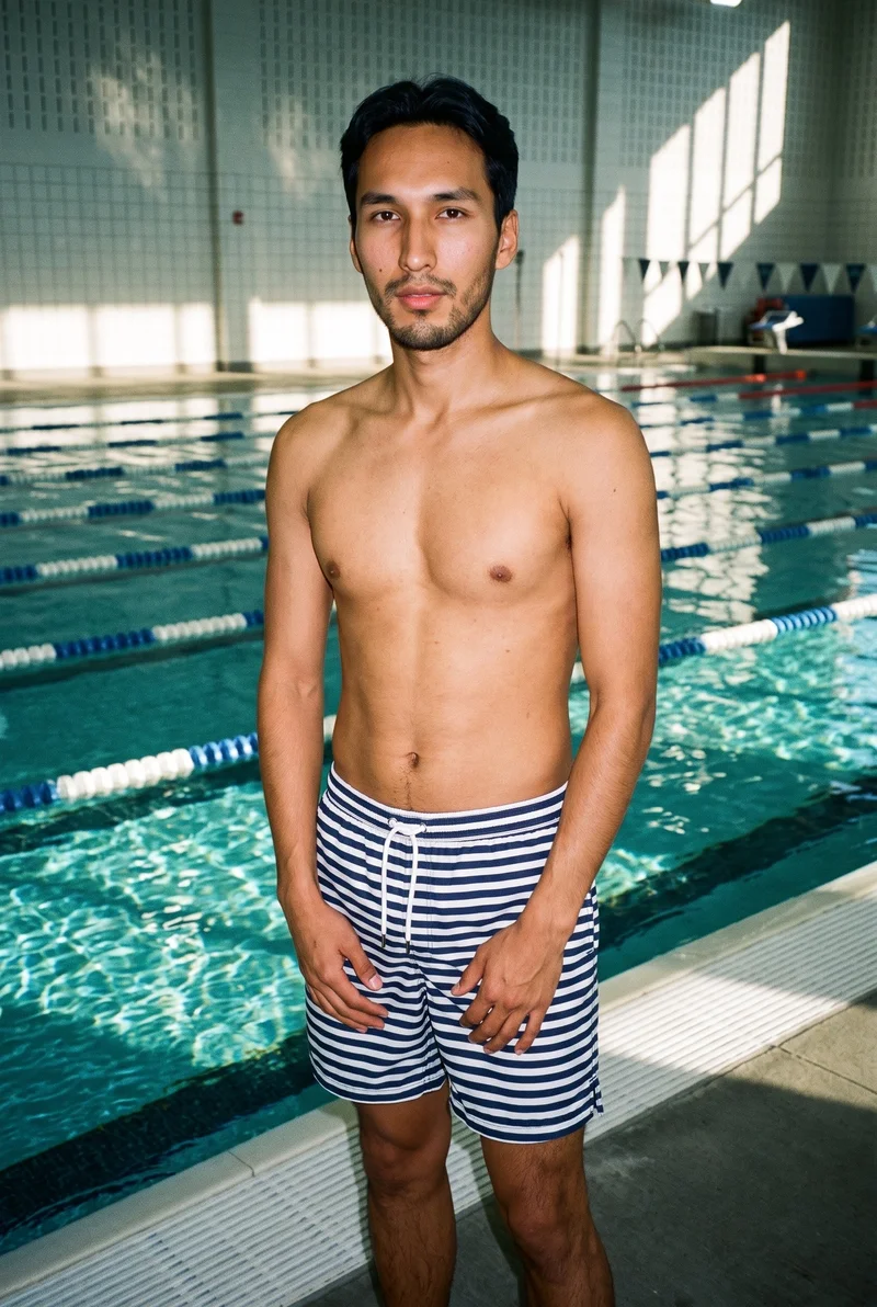Striped Swim Shorts, Three-quarter length at Front, Natural E-Commerce lighting