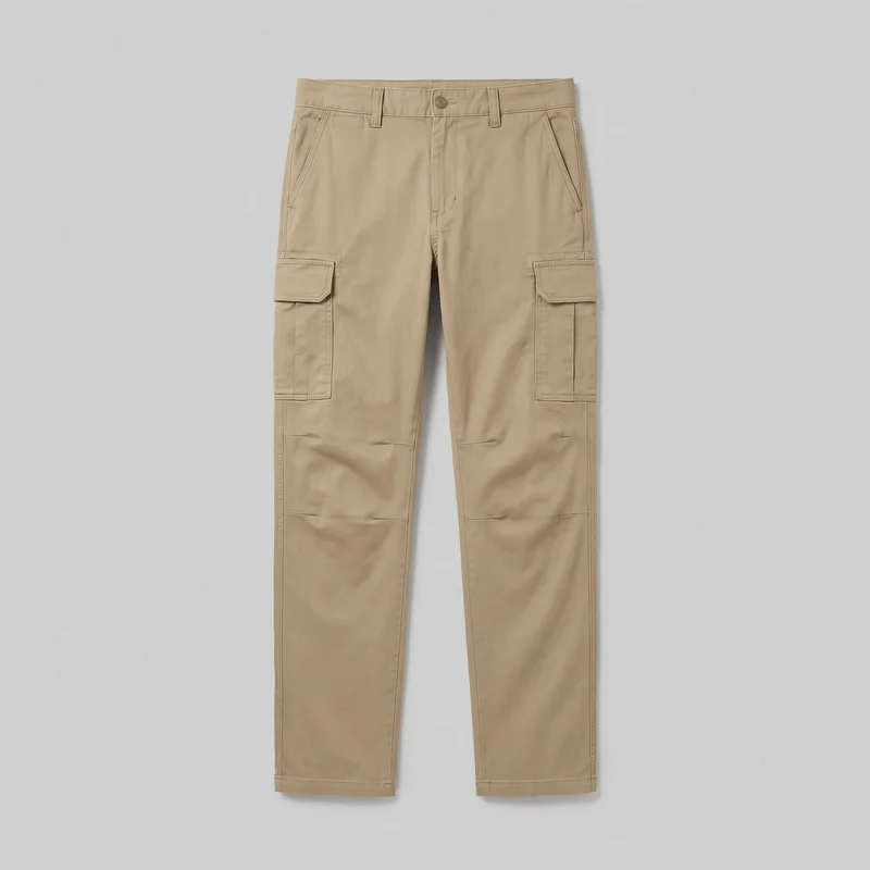 Men's khaki cargo pants shown in a complete front flat-lay view. The full-length design has a regular-to-slim straight silhouette, mid-rise waistband, belt loops, center front button, fly placket, angled hip pockets, flap cargo pockets on both outer thighs, stitched pocket edges, vertical side seams, horizontal panel seams around the knees and lower legs, and plain straight hems.