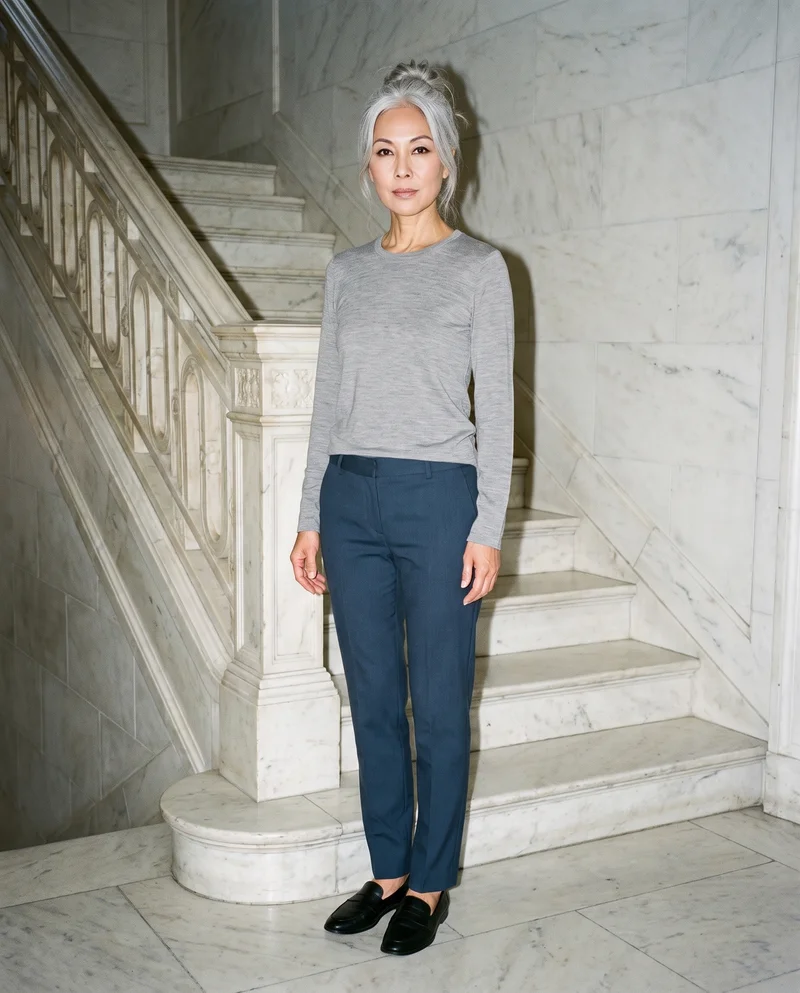 A 58-year-old Chinese woman wears a women's grey merino thermal top in a full-body view from a front three-quarter angle. She stands in a relaxed pose with a natural facial expression, with a marble staircase as the backdrop.