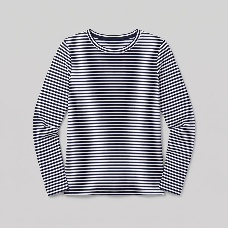 A mostly complete standalone view of a women's navy striped long-sleeve crewneck T-shirt, shown flat with its round bound neckline, full-length body, set-in sleeves, narrow horizontal stripes, and straight hems visible. The shirt has no visible closures, pockets, logos, patches, embroidery, or other embellishments.