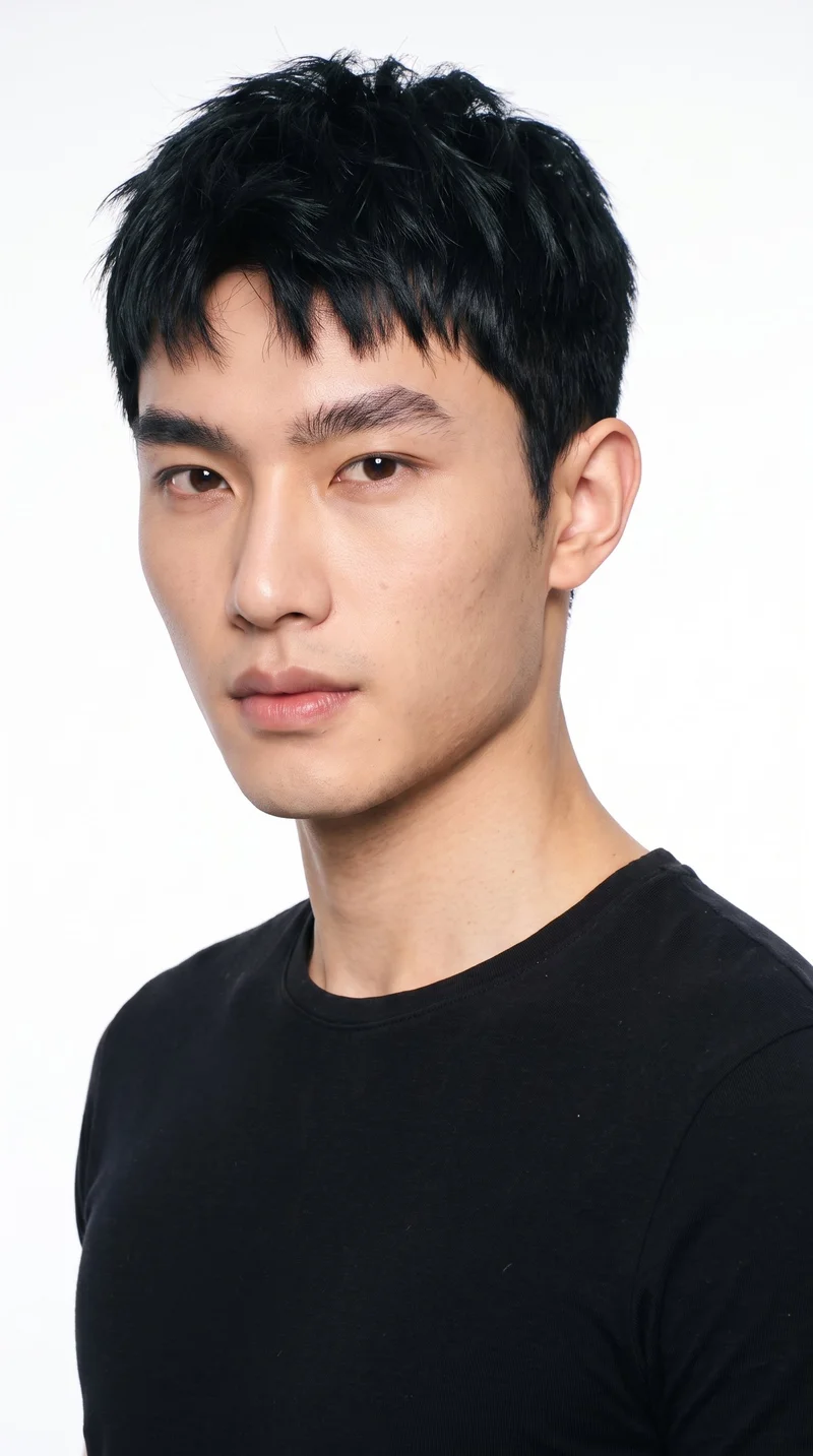 A 24-year-old Chinese man with East Asian facial features and light porcelain skin with a neutral undertone. His face has smooth, even, softer features in a refined balance, with thin eyebrows, brown eyes, and full lips. He has short black hair styled in a textured crop with layered texture on top and closely cut sides. His face is clean-shaven.