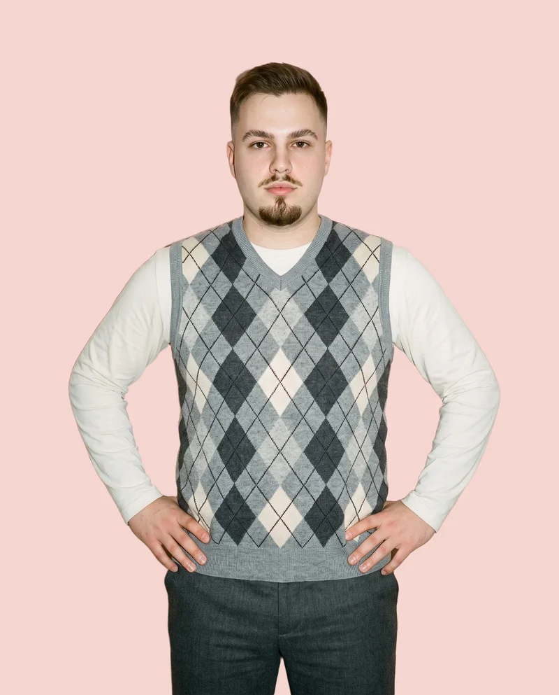 Men's Grey Argyle Sweater Vest, Three-quarter length at Front, Studio Cutout lighting