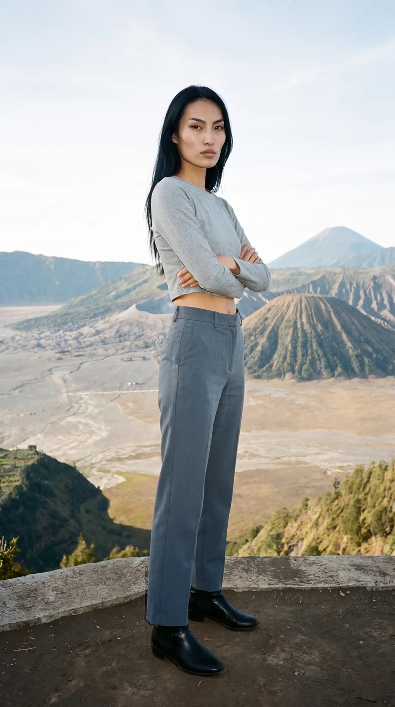 A 24-year-old Chinese woman wears a grey cotton crop top in an environmental composition, viewed from a front three-quarter angle with her arms crossed and a confident expression. A Santorini caldera view serves as the backdrop.