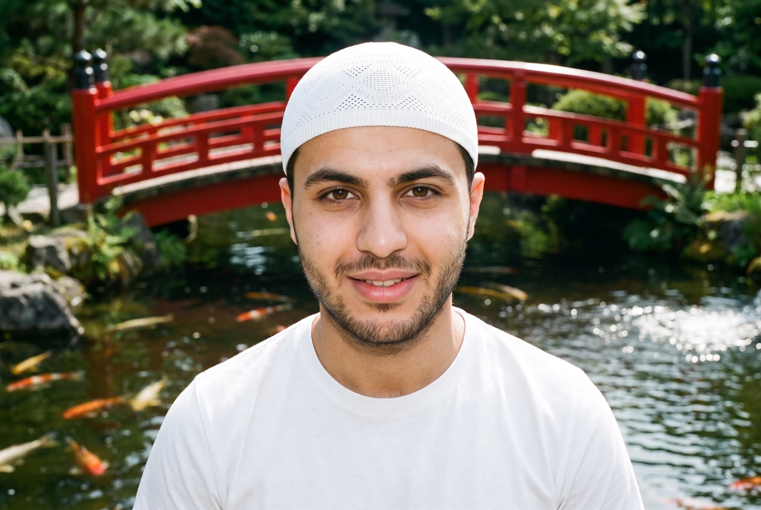 A 20-year-old Arab man wears a white knit kufi in a front-facing bust view with his head level and a smile. The Koi Pond Bridge Red location appears as the backdrop.